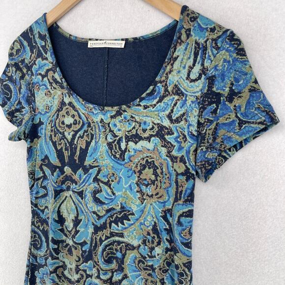 PERUVIAN CONNECTION Dress XS Paisley Midi Cap Sleeve Stretch Pima Cotton Blue - Picture 6 of 13